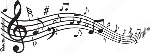 Musical notes and treble clef on white background illustration