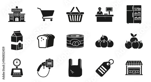 Collection of black and white supermarket and grocery icons in three rows