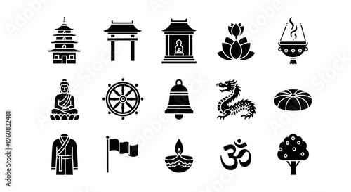Collection of fifteen black silhouette icons related to Buddhist culture