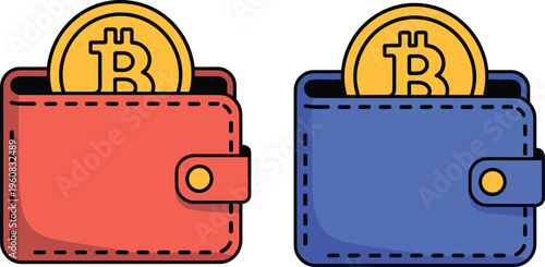 Digital Bitcoin Wallet Vector Set Featuring Crypto Currency Coins and Electronic Wallets for Blockchain and Financial Technology Design