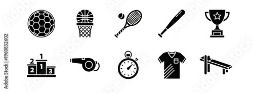Black and white icons representing various sports equipment and awards arranged in two rows