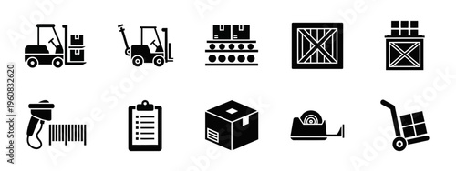 Black and white icons representing warehouse and shipping logistics arranged in two rows
