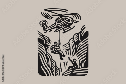 Mountain Rescue Helicopter Winch Operation Linocut Illustration