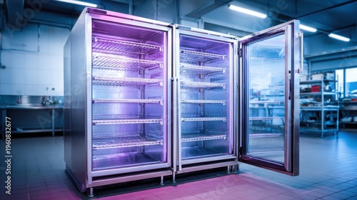 Industrial stainless steel refrigerator with doors open, showcasing empty shelves and interior lighting