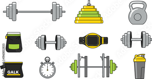 Fitness Gym Equipment Collection with Dumbbells Barbell Kettlebell Stopwatch Protein Shaker Belt and Workout Accessories Flat Vector Illustration