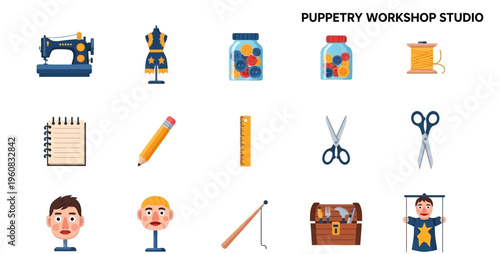 Puppetry workshop studio creative tools icons.
