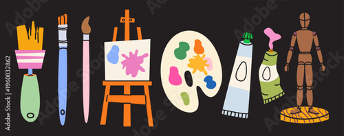 Flat vector illustration of artist tools equipment with easel, palette, paint brushes, tubes of paint and wooden mannequin on a black background