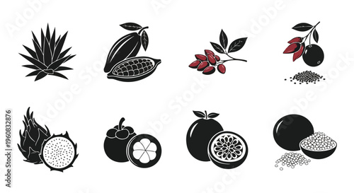 Superfood icons set with 8 vector elements, tropical fruit and plant silhouettes, black and red organic food illustrations for healthy product packaging