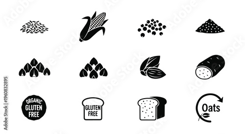 Gluten free food icons set, organic grain and cereal vector elements, black and white healthy diet symbols for packaging and menus