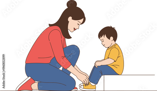 Mother kneels down to tie the shoelaces of her small son sitting on a low step in a simple line art style.