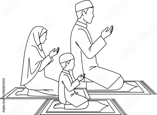 Muslim Family Praying Dua Together - Father Mother Son Supplication Line Art Vector Illustration