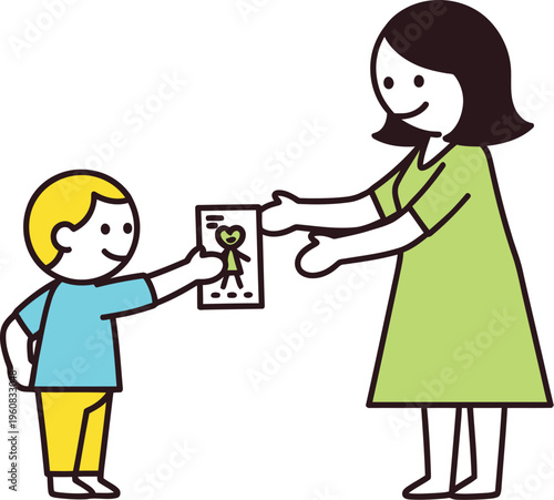Young boy presents a colorful drawing of a figure to his smiling mother against a white background.