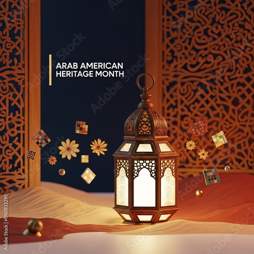 Ornate lantern and cultural symbols celebrating Arab American Heritage Month in desert setting