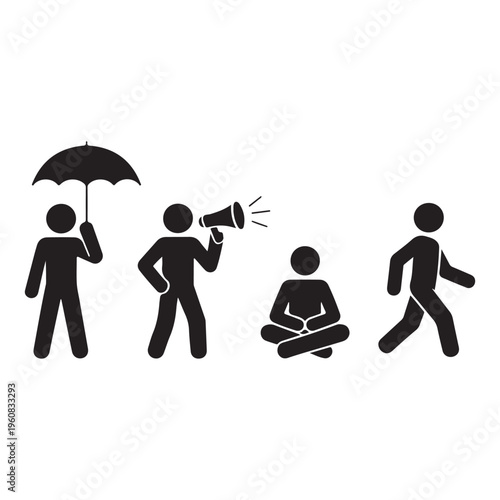 Stick Figure Sequence Set – Umbrella, Megaphone, Meditation and Walking Icons