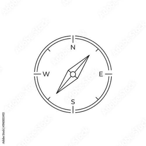 Minimalist Compass Icon with North Pointing Needle, Geometric Vector Line Art for Navigation, Wayfinding, Adventure, and Business Strategy Direction