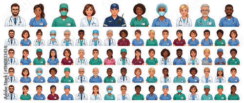 Diverse group of medical professionals illustration.