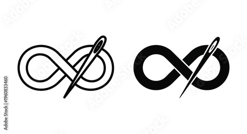 Infinity symbol with sewing needle, vector icon set, endless tailoring and stitching concept