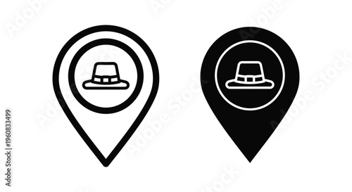 Set of location pin icons with hat symbol, map pointer with fedora hat sign, vector illustration
