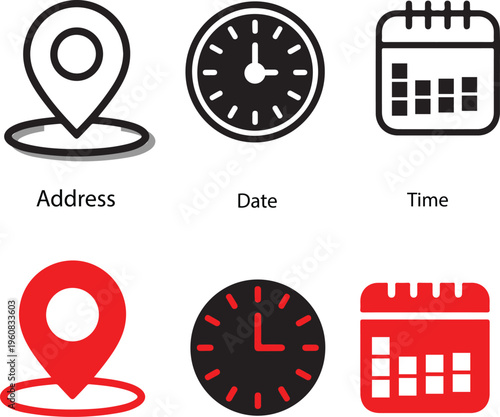 vector set of icons for web design. GPS Address Marker Icons, Clock Time Icon Set, Calendar Date Icon Collection – Schedule, Planner, Event Reminder Symbols