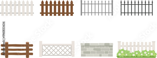 Flat fence vector set for garden and property boundary