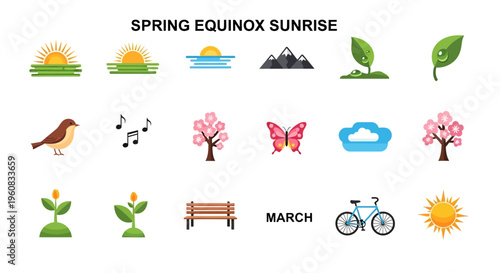 Spring equinox sunrise colorful icons.