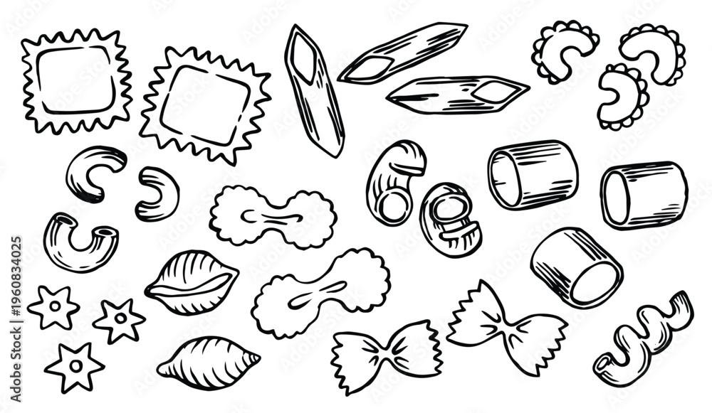 Obraz premium different types of pasta. vector illustration in doodle style