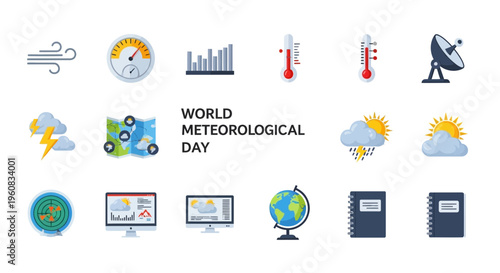 World Meteorological Day Weather Forecast Icons.