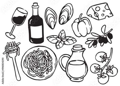 set italian cuisine. vector illustration in doodle style