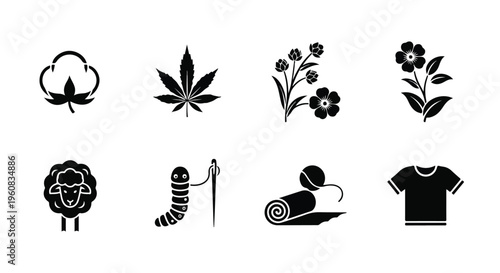 Natural textile fiber icons set, 8 black glyph vector elements for clothing industry, organic fabric material symbols including cotton, wool, and silk
