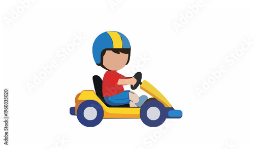 Cute boy driving go kart cartoon vector kids racing illustration