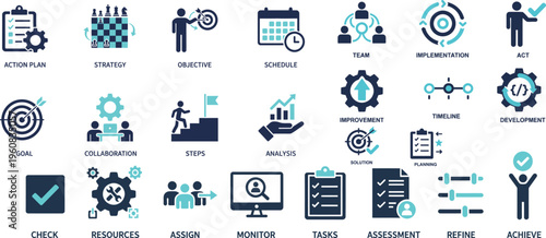 Business Strategy Flat Vector Icons – Action Plan, Goal, Analysis, Collaboration