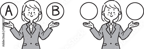 AとBの選択肢　若い女性会社員　上半身　ベクター（モノクロ）