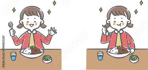 カレーライスを食べる女の子　ベクター