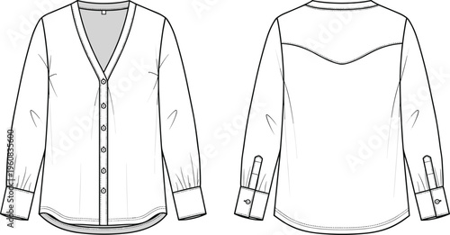 Women Flutter Sleeve V Neck Blouse Technical Fashion Flat Sketch Layered Peplum Hem CAD Drawing Flat Vector Illustration Front Back