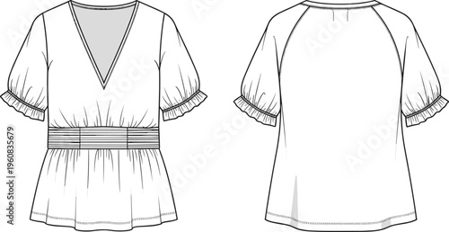 Women V Neck Puff Sleeve Peplum Blouse Technical Fashion Flat Sketch Raglan Back Smocked Waist CAD Drawing Flat Vector Illustration