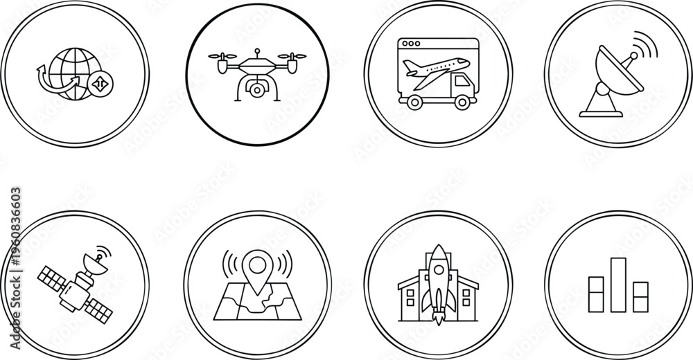 Fototapeta premium Satellite navigation and aerospace technology vector icon collection featuring global positioning systems drones aircraft and telecommunication signals.