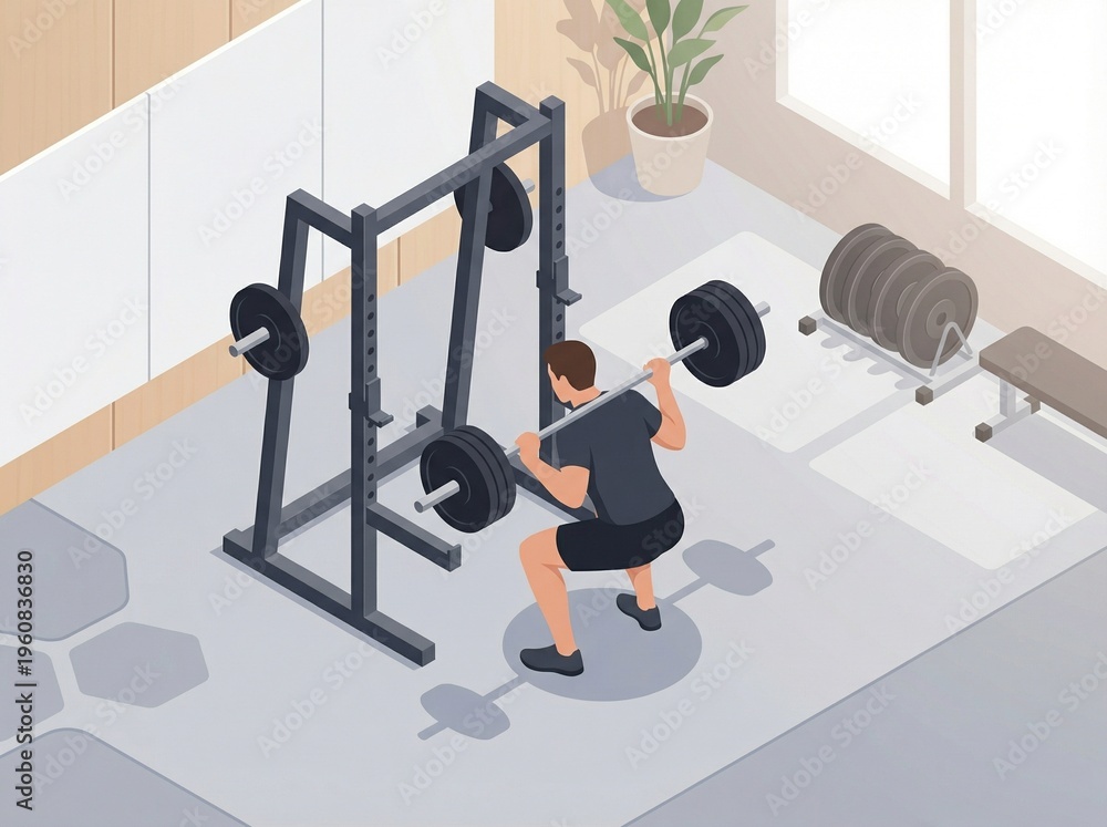 Obraz premium Isometric illustration of a determined man performing an intense gym exercise, squatting with a heavy barbell in a modern home fitness room, focusing on strength and muscle building