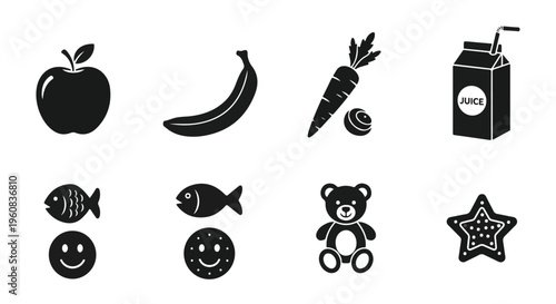 Minimalist black icons for kids lunch box, healthy snacks and school meal elements, set of 8 vector silhouettes for childhood nutrition