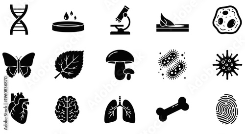 Fifteen black and white icons depicting biology and science subjects arranged in three rows of five