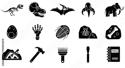 A grid of fifteen black and white icons related to paleontology and fossils