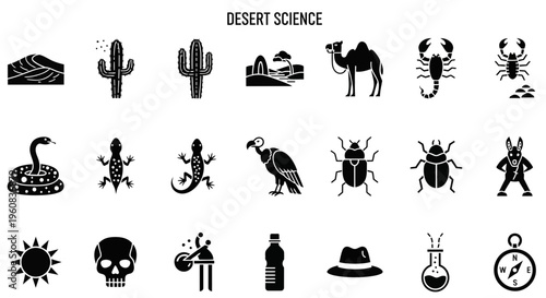 Black and white icons related to desert science featuring flora fauna and tools