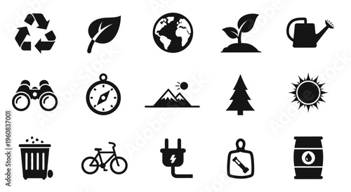 Black and white collection of 15 icons related to ecology and outdoor activities