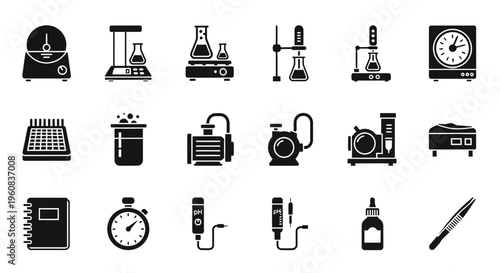 Black and white icons representing various laboratory equipment and tools