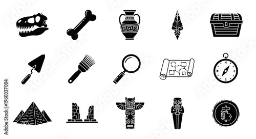 Fifteen black silhouette icons related to archaeology and treasure hunting