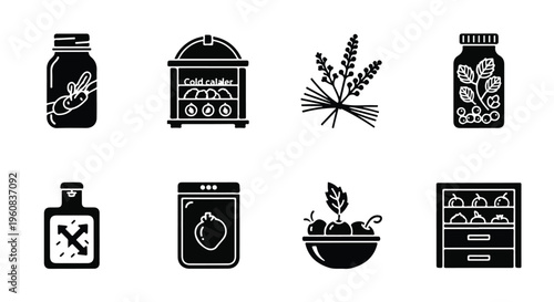 Black solid icons of food preservation and storage, set of 8 vector elements for pantry organization, canning jars and kitchen storage containers