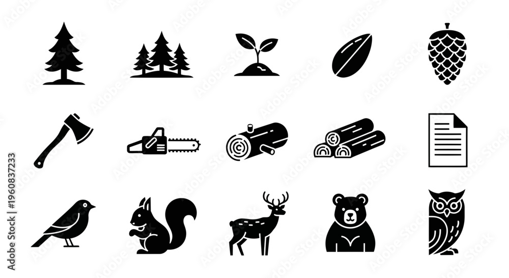 Fototapeta premium Black silhouette icons depicting forestry logging and woodland wildlife elements