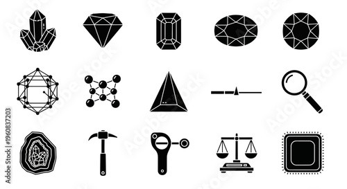 Black and white icons representing geology gems tools and science concepts