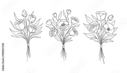 Three black and white line bouquets of varied flowers tied with stems
