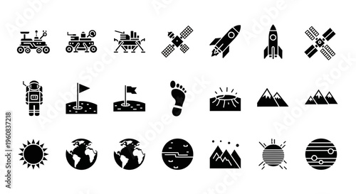 A grid of black and white vector icons related to space exploration and astronomy