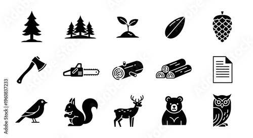 Black silhouette icons depicting forestry logging and woodland wildlife elements
